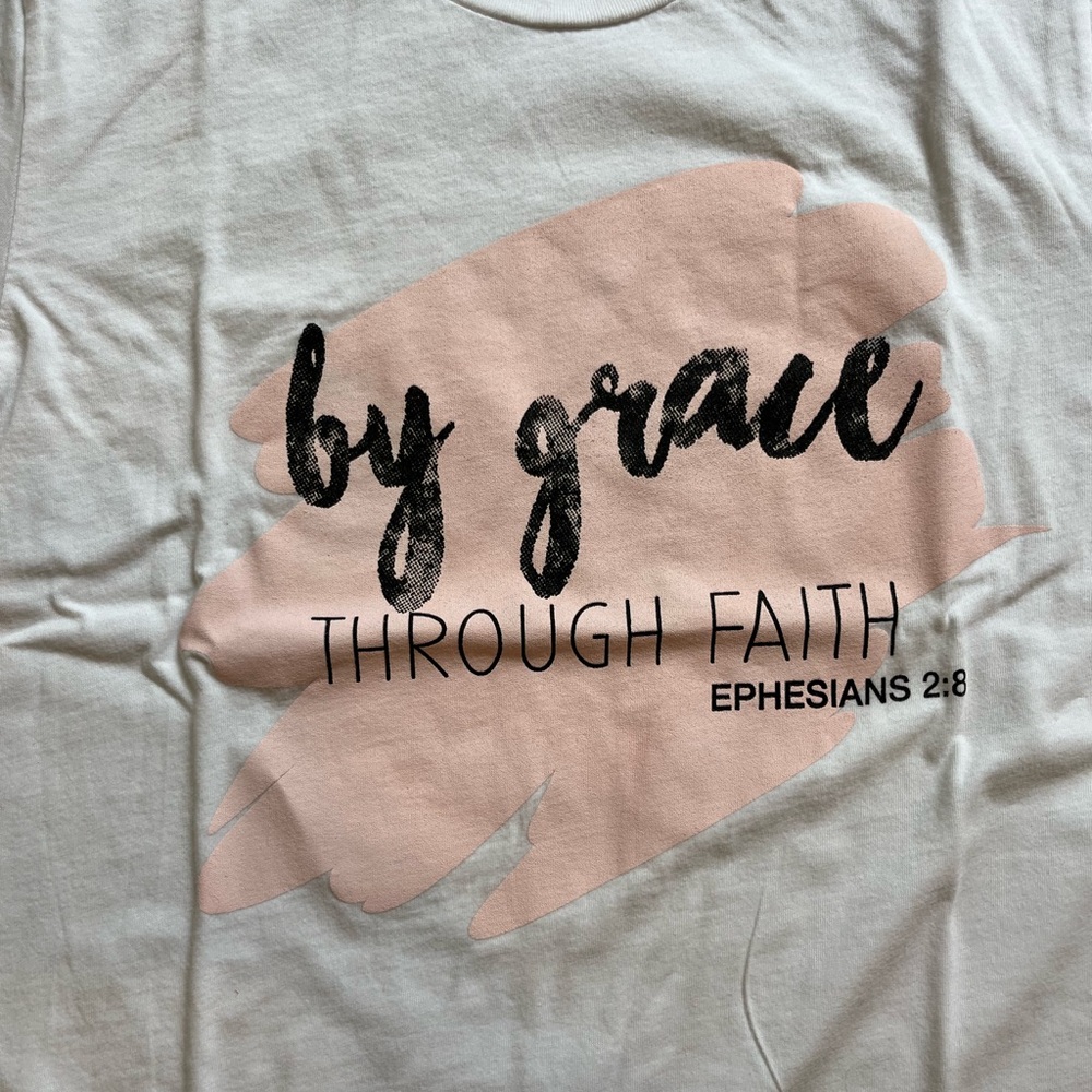 Woman’s Graphic Tee Grace  Faith White Pink Bible Verse Church Christian Sz S